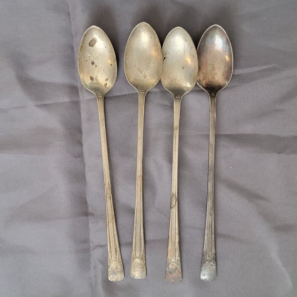 Set Of 4 Embassy Silver Plate Vintage Iced Tea Spoons With Ornate Handles